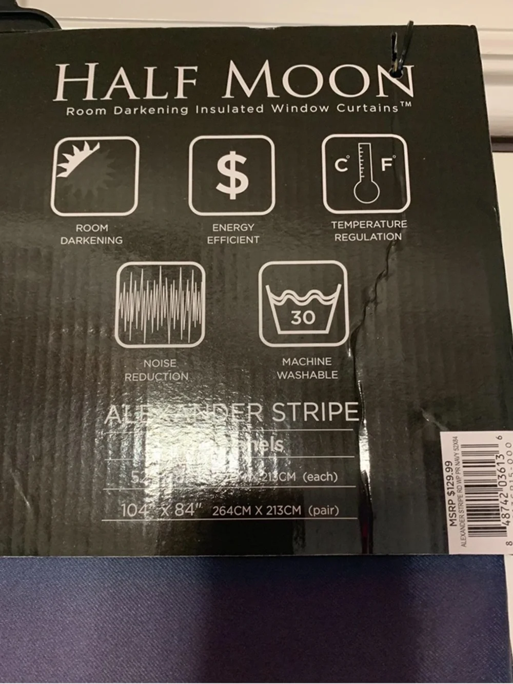 Room Darkening Insulated Curtains Half Moon NEW 2 panels 52”x84” Each Navy Grey